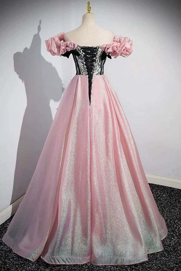 Wholesale Beautiful Shiny Tulle Long A-Line Pink Corset Prom Dress Off the Shoulder Evening Party Dress