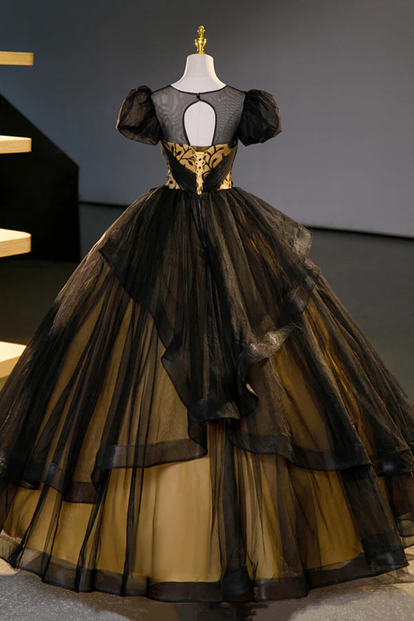 Wholesale Black Tulle Lace Long Prom Dresses Black Short Sleeve Evening Dresses