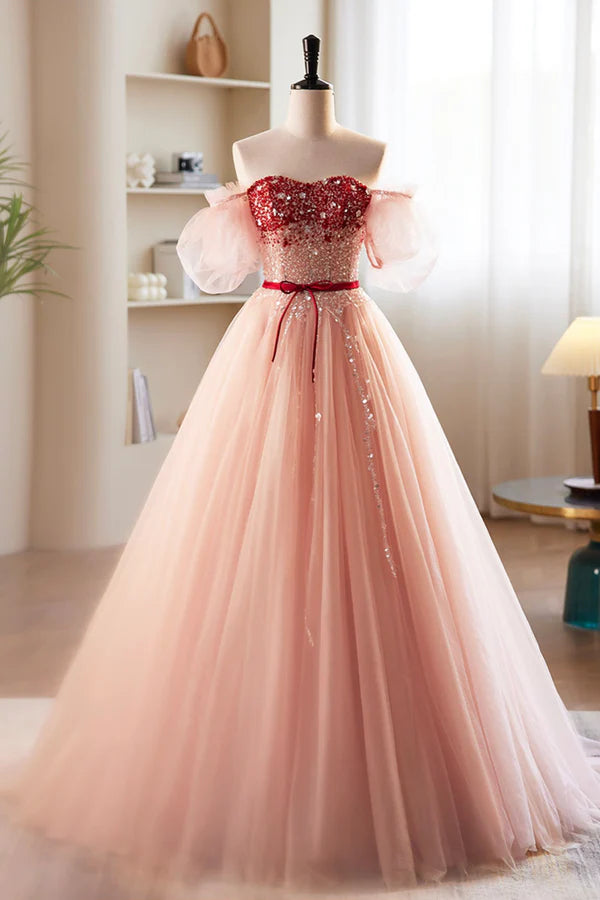 Wholesale Pink Tulle Beaded Long Prom Dress A-Line Off Shoulder Evening Party Dress