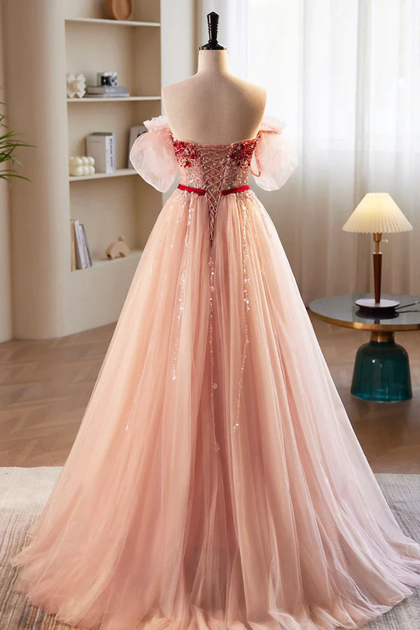 Wholesale Pink Tulle Beaded Long Prom Dress A-Line Off Shoulder Evening Party Dress
