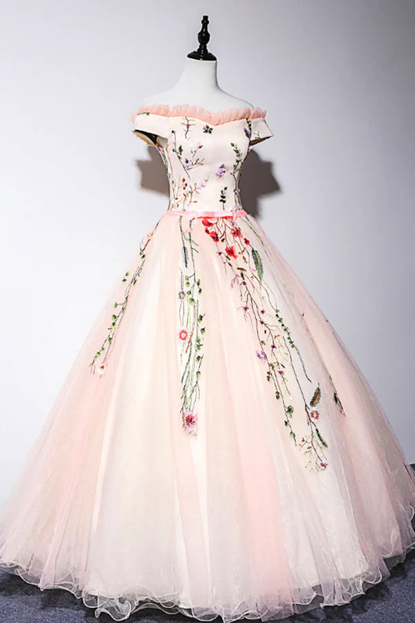 Wholesale Cute Tulle Lace Long Formal Dress A-Line Off Shoulder Party Dress