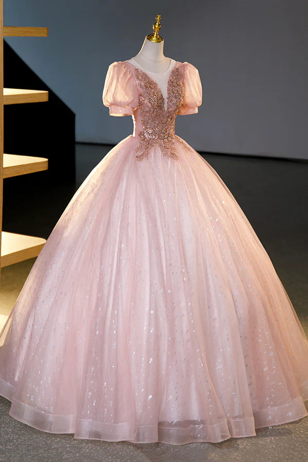 Wholesale Pink Tulle Beaded Long Ball Gown Beautiful A-Line Prom Dress Pink Sweet 16 Dress