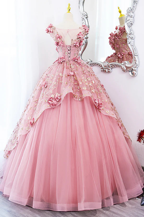 Wholesale Beautiful Pink Tulle Long Prom Dress with Flowers Lovely Tulle Sweet 16 Dress