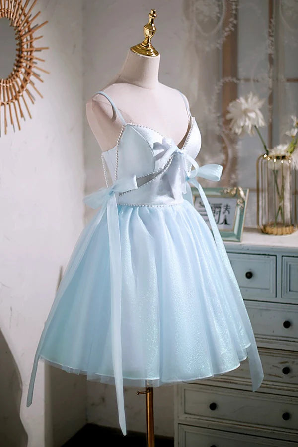 Wholesale Sky Blue Spaghetti Straps Party Dress Cute A-Line Tulle Homecoming Dress