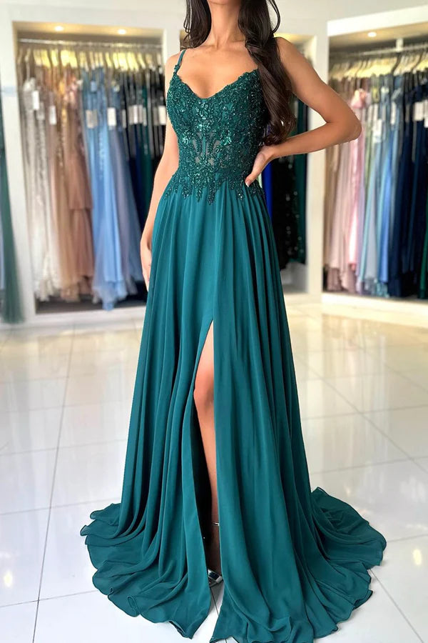 Wholesale A-Line Chiffon Beaded Long Prom Dress Dark Green Spaghetti Strap Evening Dress