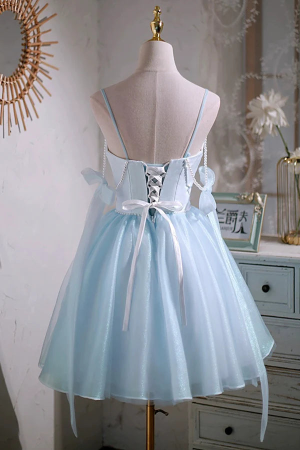 Wholesale Sky Blue Spaghetti Straps Party Dress Cute A-Line Tulle Homecoming Dress