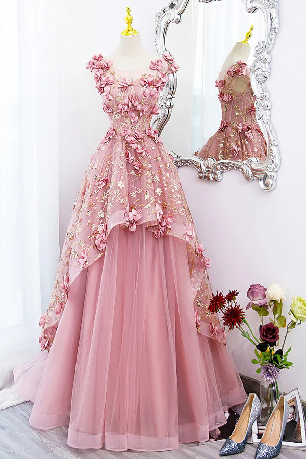 Wholesale Beautiful Pink Tulle Long Prom Dress with Flowers Lovely Tulle Sweet 16 Dress