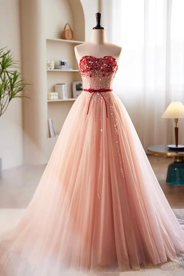 Wholesale Pink Tulle Beaded Long Prom Dress A-Line Off Shoulder Evening Party Dress