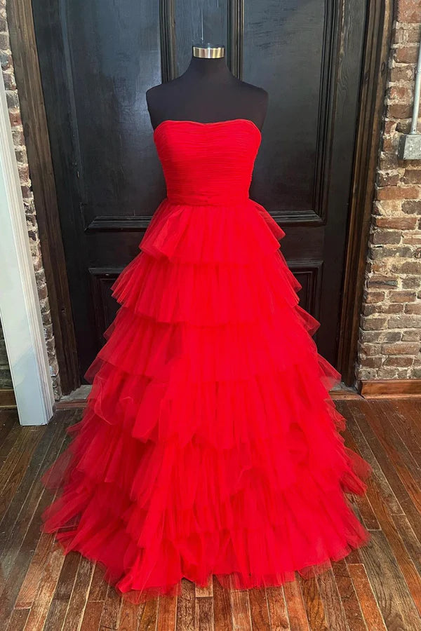 Wholesale Red Strapless Tulle Layers Long Prom Dress A-line Sweetheart Red Evening Dress