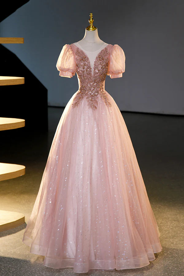 Wholesale Pink Tulle Beaded Long Ball Gown Beautiful A-Line Prom Dress Pink Sweet 16 Dress