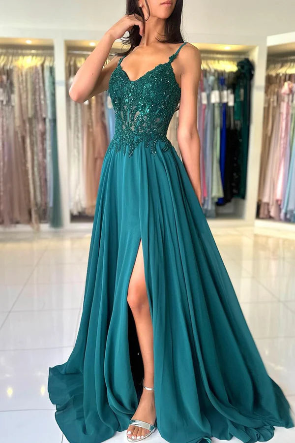 Wholesale A-Line Chiffon Beaded Long Prom Dress Dark Green Spaghetti Strap Evening Dress