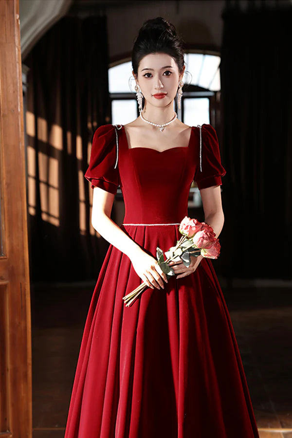 Wholesale Burgundy Velvet Long A-Line Prom Dress A-Line Short Sleeve Evening Party Dress