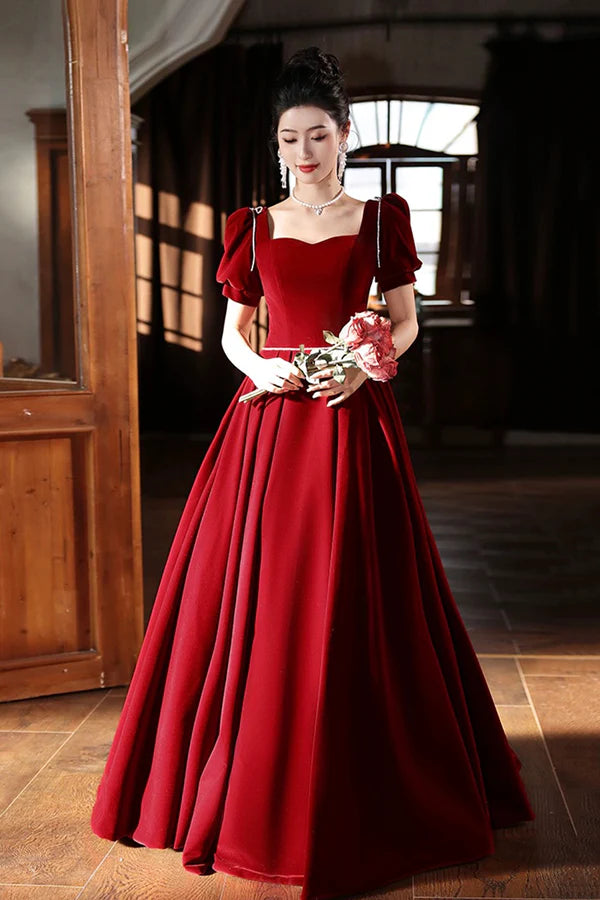 Wholesale Burgundy Velvet Long A-Line Prom Dress A-Line Short Sleeve Evening Party Dress