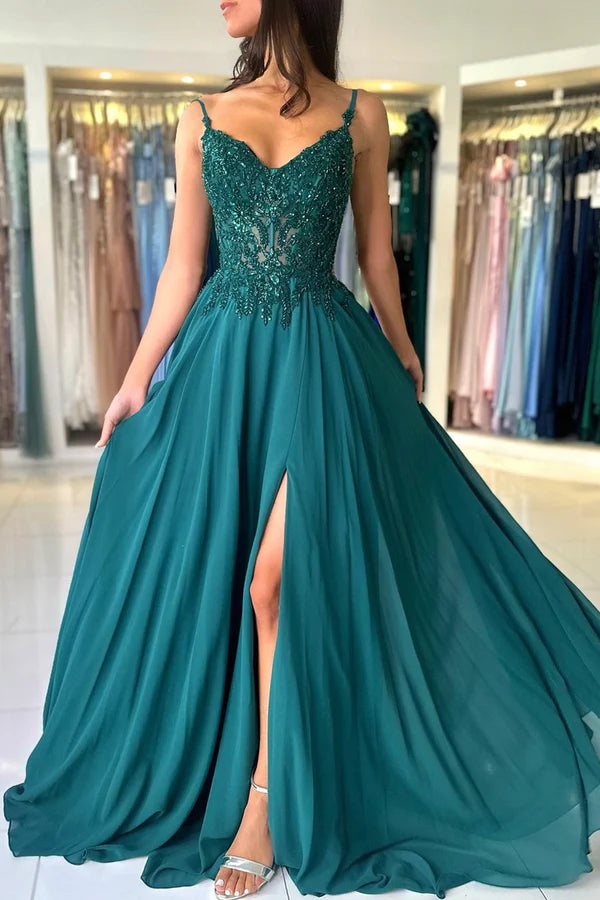 Wholesale A-Line Chiffon Beaded Long Prom Dress Dark Green Spaghetti Strap Evening Dress