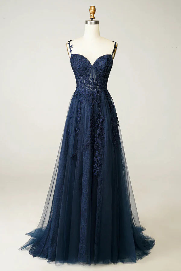 Wholesale Navy Blue Tulle Lace Long Prom Dress Beautiful Spaghetti Straps Formal Dress