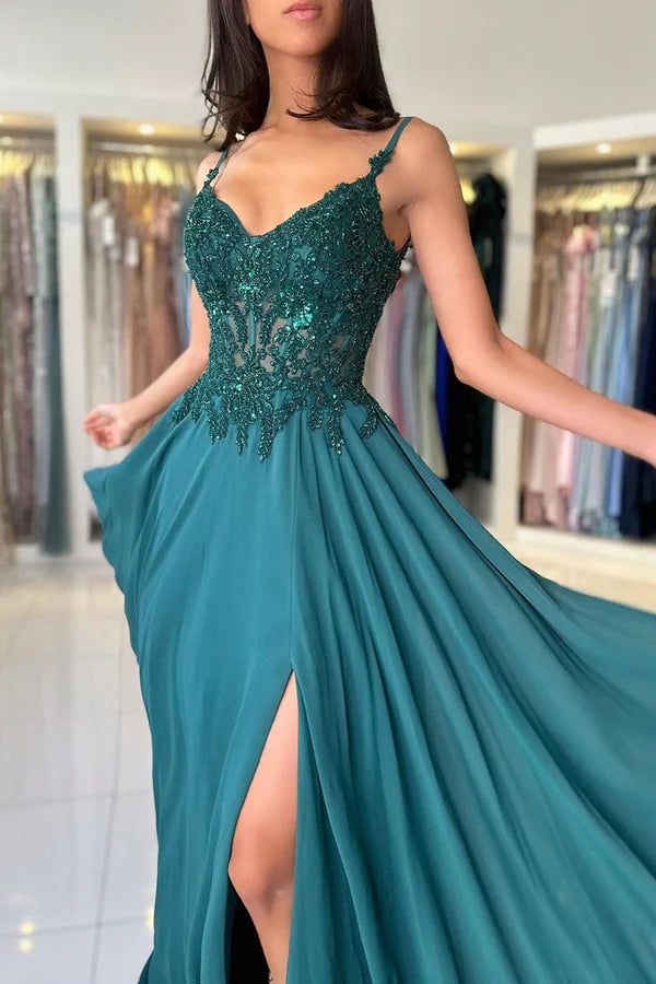 Wholesale A-Line Chiffon Beaded Long Prom Dress Dark Green Spaghetti Strap Evening Dress