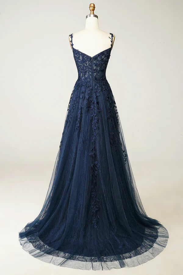 Wholesale Navy Blue Tulle Lace Long Prom Dress Beautiful Spaghetti Straps Formal Dress