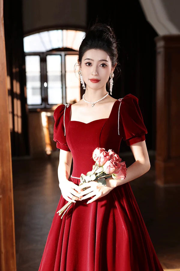 Wholesale Burgundy Velvet Long A-Line Prom Dress A-Line Short Sleeve Evening Party Dress