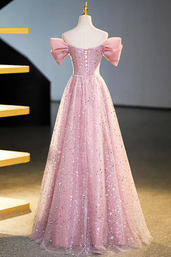 Wholesale Beautiful Tulle Sequins Long Prom Dress Pink Off Shoulder Evening Dress