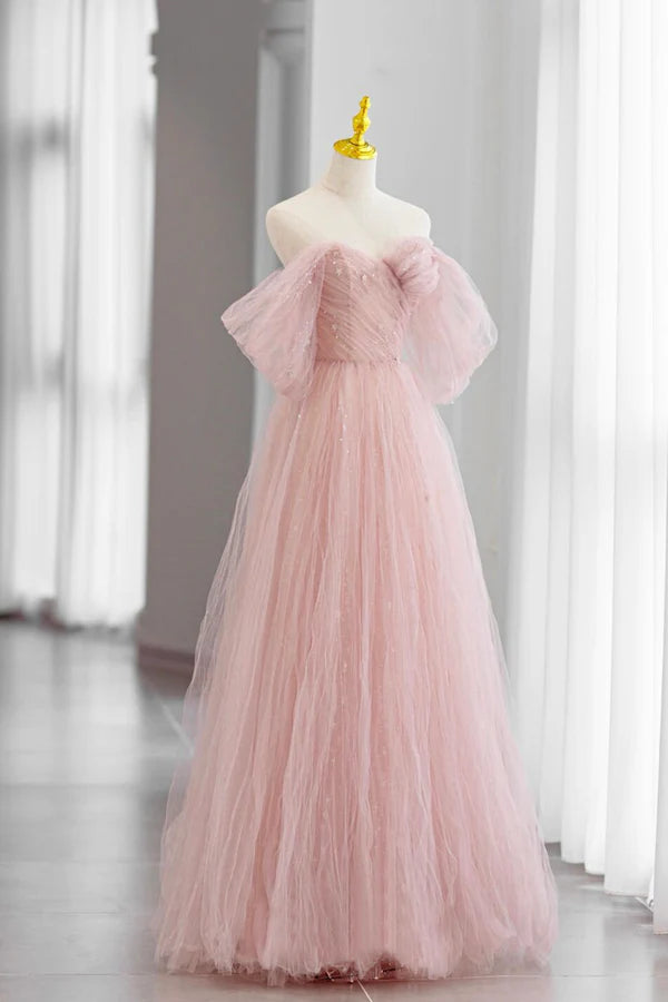 Wholesale Pink Tulle Floor Length Prom Dress Cute A-Line Evening Party Dress