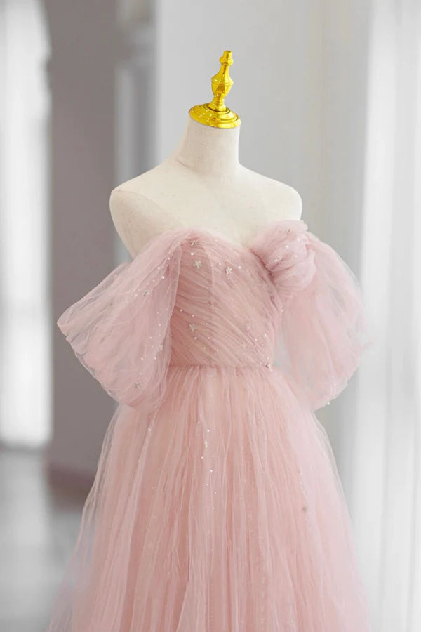 Wholesale Pink Tulle Floor Length Prom Dress Cute A-Line Evening Party Dress