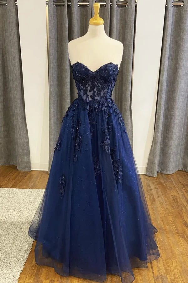 Wholesale Blue Strapless Lace Long Prom Dress A-Line Evening Dress Party Dress