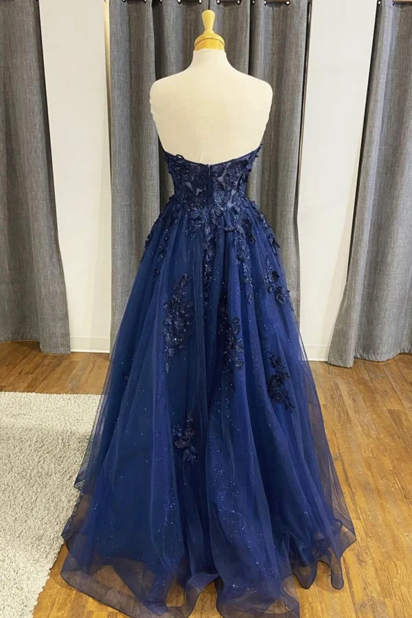 Wholesale Blue Strapless Lace Long Prom Dress A-Line Evening Dress Party Dress