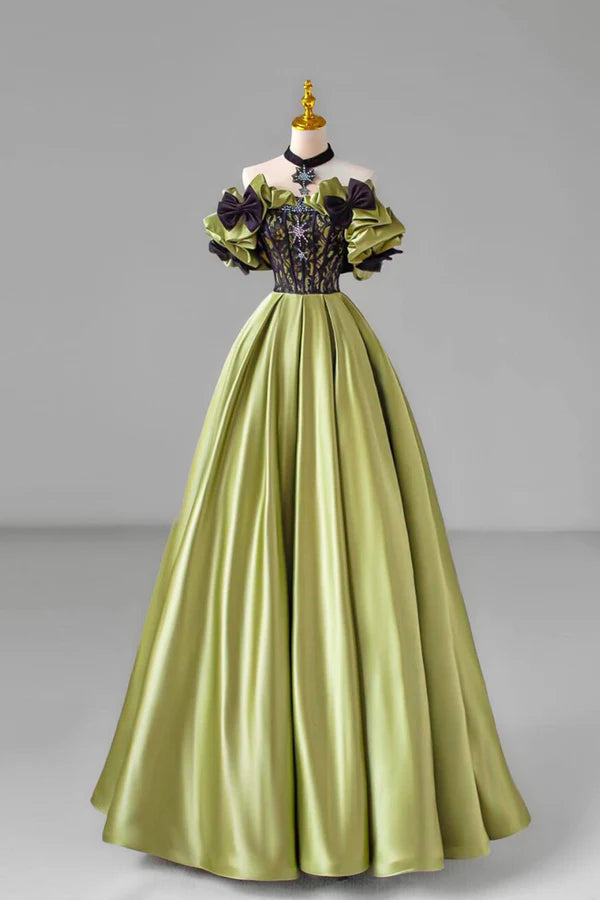 Wholesale Green Satin Floor Length Prom Dress with Lace Green Evening Party Dress