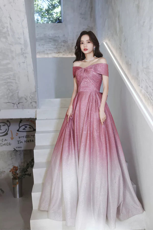 Wholesale Beautiful Gradient Floor Length A-Line Prom Dress Off the Shoulder Evening Party Dress