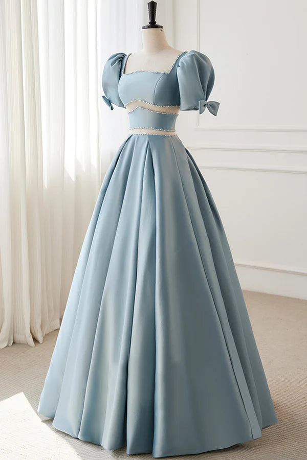 Wholesale Blue Satin Beaded Long Prom Dress Blue Short Sleeve Evening Dress