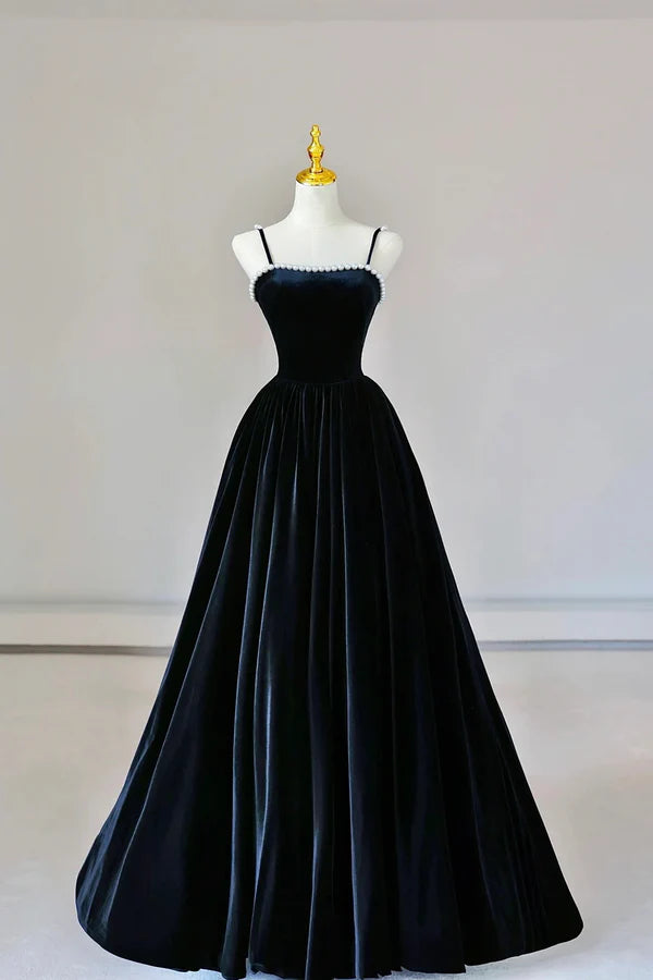 Wholesale Black Spaghetti Strap Velvet Long Prom Dress with Pearls A-Line Evening Dress Party Dress
