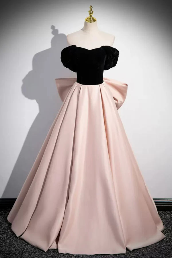 Wholesale Black Velvet and Pink Satin Long Prom Dress Beautiful A-Line Evening Party Dress with Bow