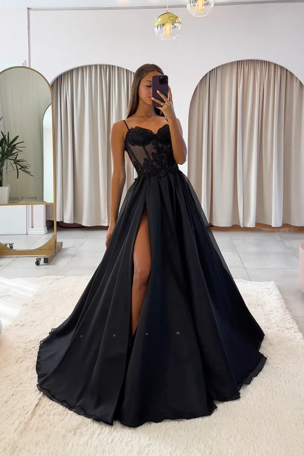 Wholesale Black Spaghetti Strap Chiffon Lace Long Prom Dress Black A-Line Evening Party Dress
