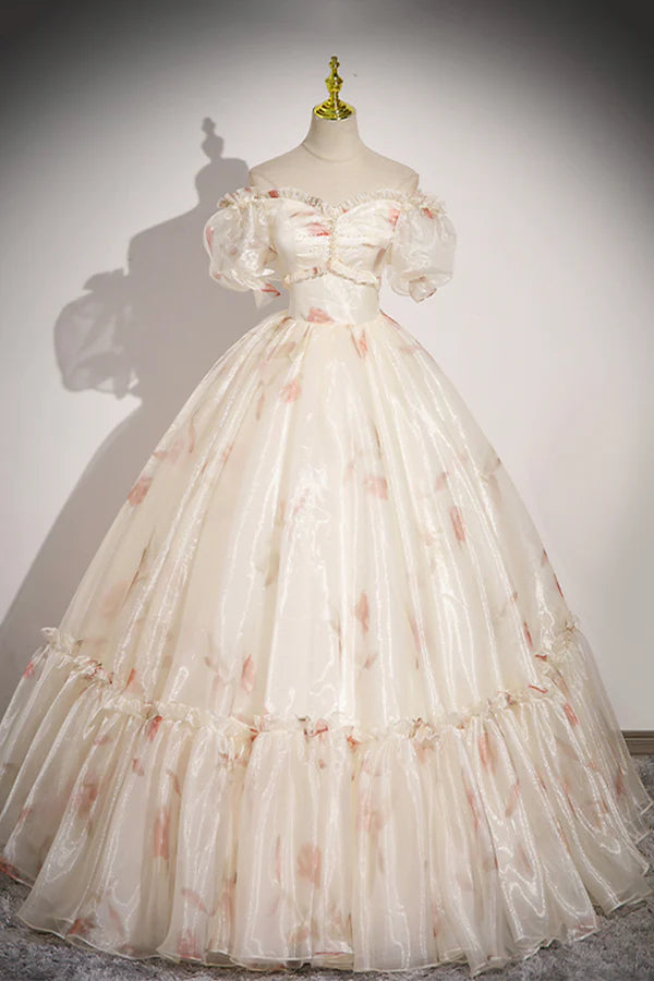 Wholesale Beautiful Floral Tulle Long Prom Dress Champagne Short Sleeve Evening Dress