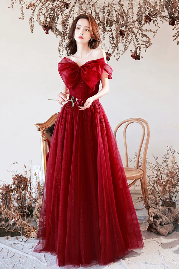 Wholesale Burgundy Tulle Long A-Line Prom Dress with Bow Burgundy Evening Graduation Dress