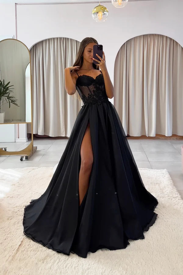 Wholesale Black Spaghetti Strap Chiffon Lace Long Prom Dress Black A-Line Evening Party Dress