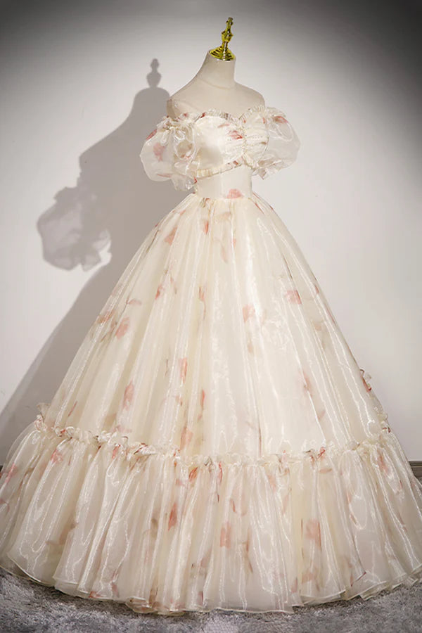 Wholesale Beautiful Floral Tulle Long Prom Dress Champagne Short Sleeve Evening Dress