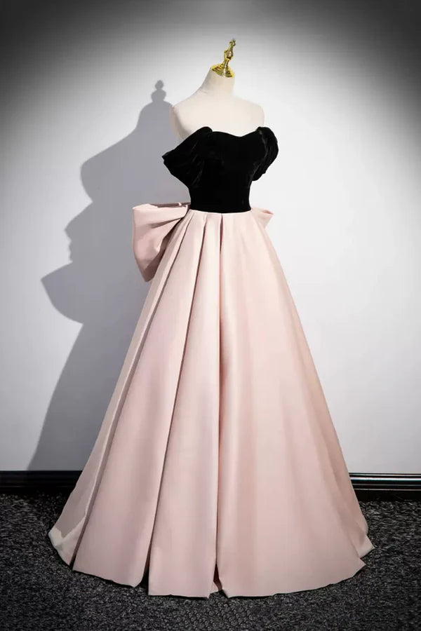 Wholesale Black Velvet and Pink Satin Long Prom Dress Beautiful A-Line Evening Party Dress with Bow