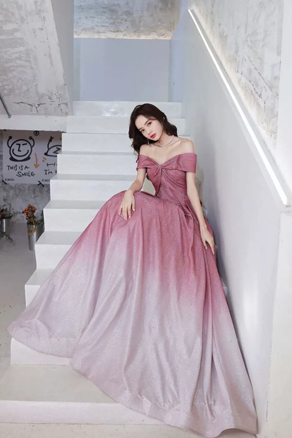 Wholesale Beautiful Gradient Floor Length A-Line Prom Dress Off the Shoulder Evening Party Dress