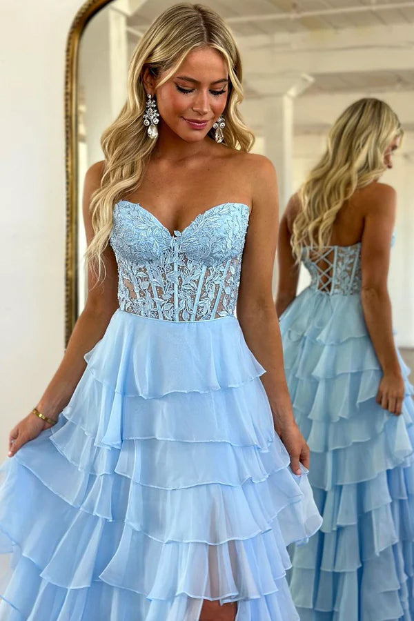 Wholesale Light Blue Strapless High Low Prom Dress Blue Lace Layered Formal Evening Dress