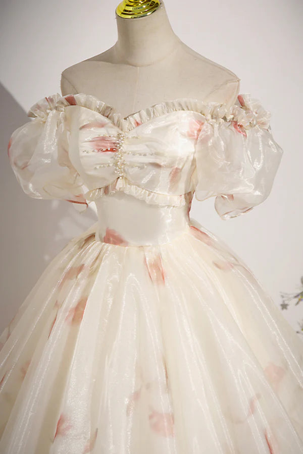 Wholesale Beautiful Floral Tulle Long Prom Dress Champagne Short Sleeve Evening Dress