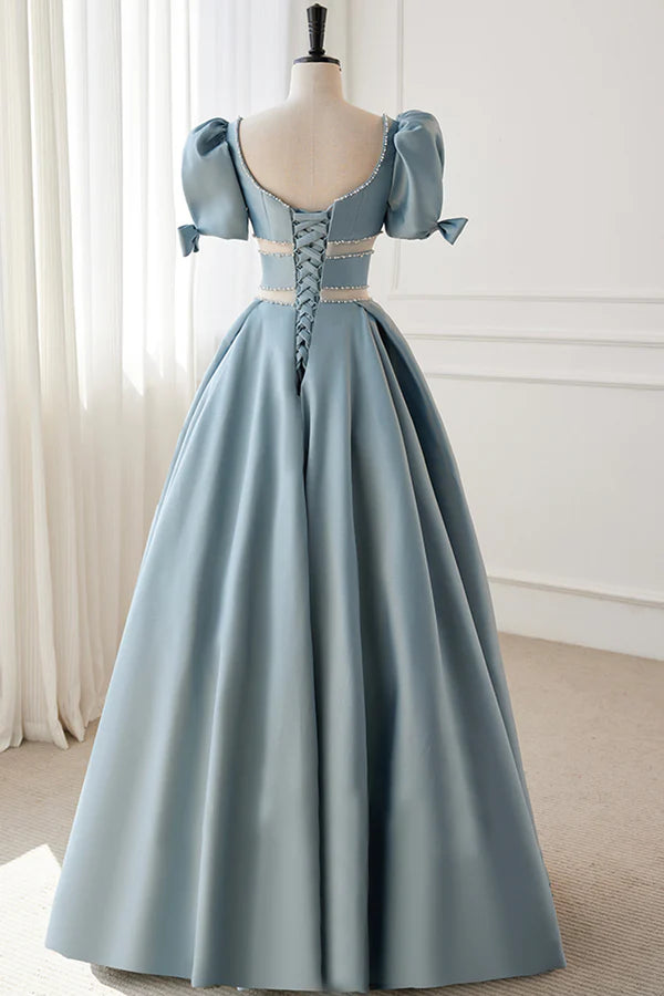 Wholesale Blue Satin Beaded Long Prom Dress Blue Short Sleeve Evening Dress