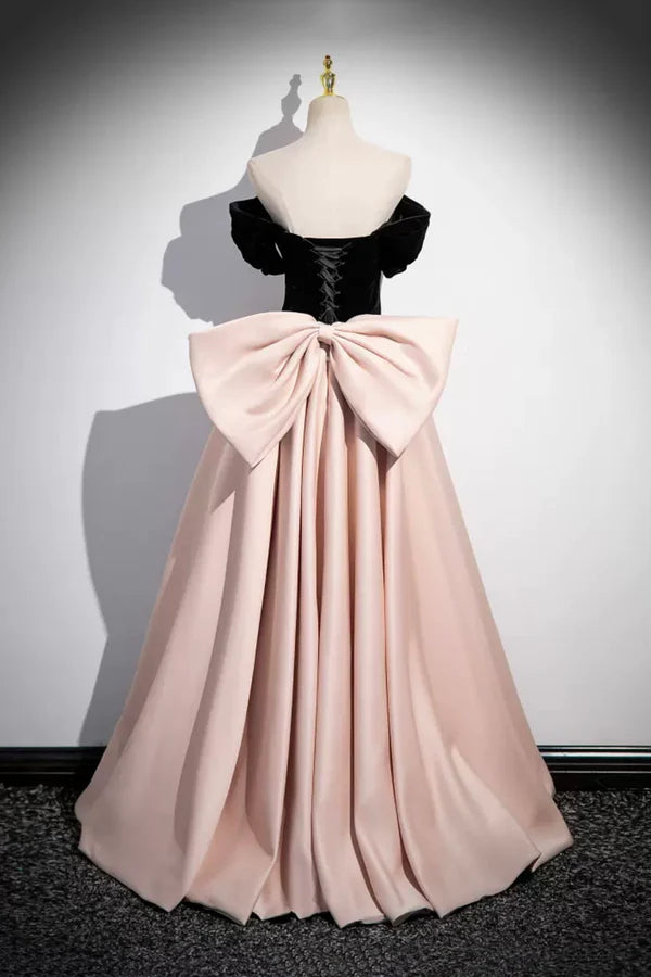 Wholesale Black Velvet and Pink Satin Long Prom Dress Beautiful A-Line Evening Party Dress with Bow