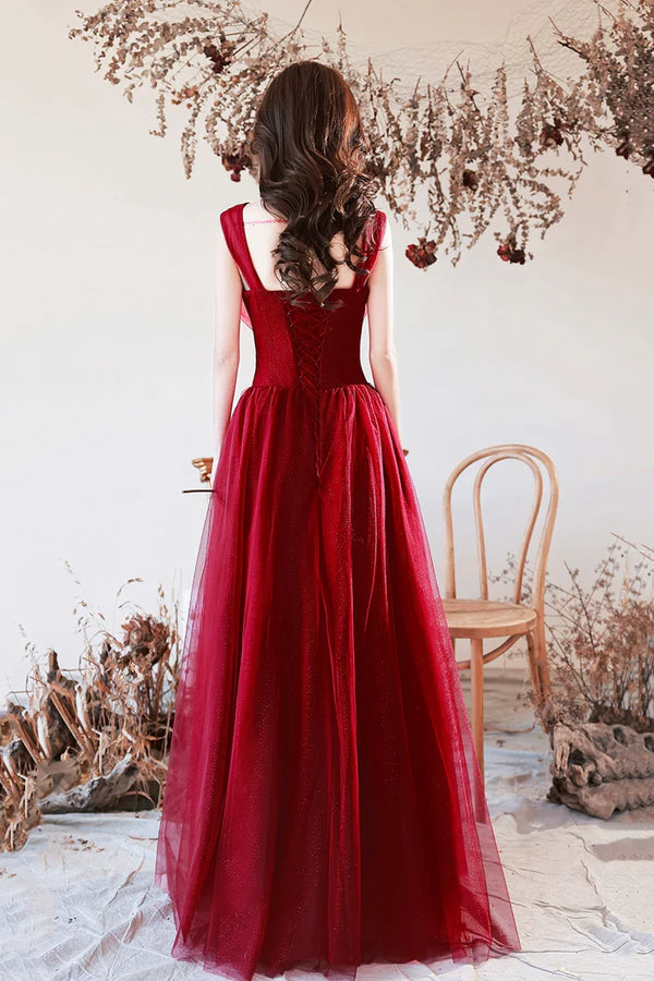 Wholesale Burgundy Tulle Long A-Line Prom Dress with Bow Burgundy Evening Graduation Dress