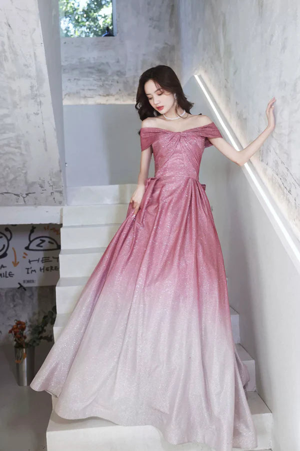 Wholesale Beautiful Gradient Floor Length A-Line Prom Dress Off the Shoulder Evening Party Dress
