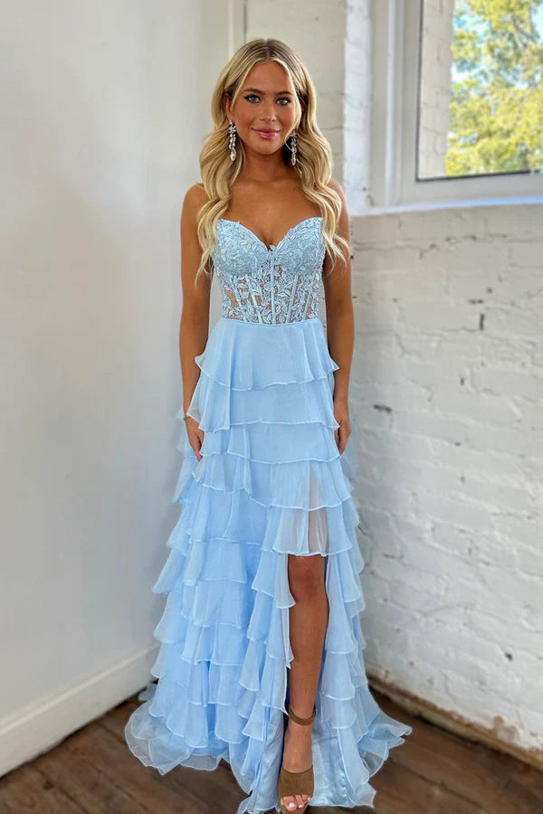 Wholesale Light Blue Strapless High Low Prom Dress Blue Lace Layered Formal Evening Dress