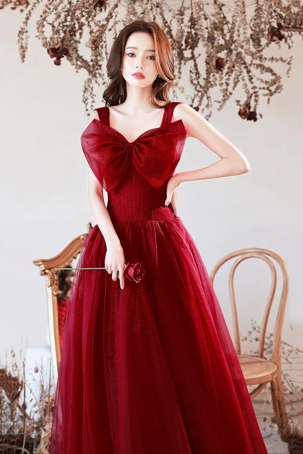 Wholesale Burgundy Tulle Long A-Line Prom Dress with Bow Burgundy Evening Graduation Dress