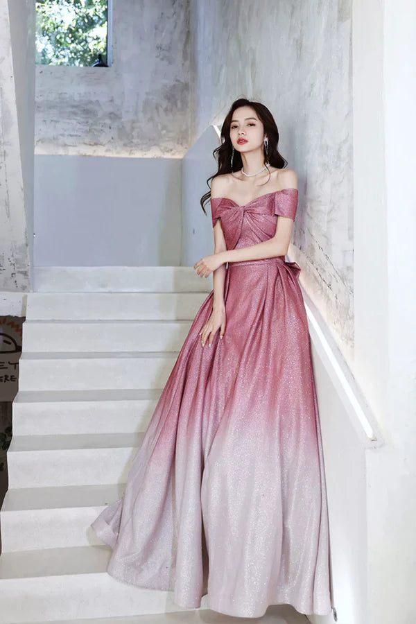Wholesale Beautiful Gradient Floor Length A-Line Prom Dress Off the Shoulder Evening Party Dress