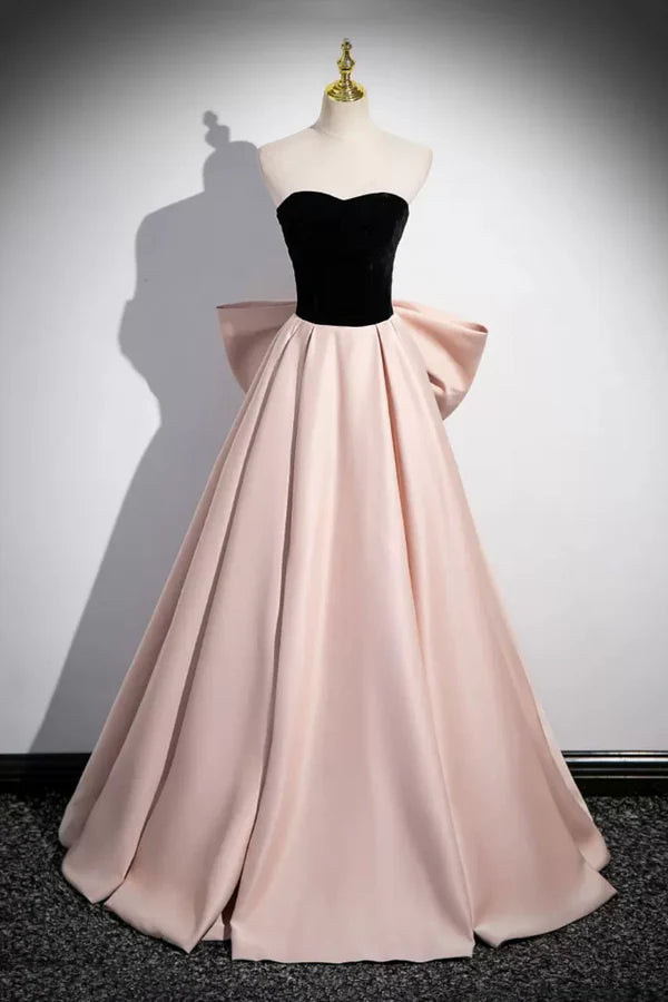 Wholesale Black Velvet and Pink Satin Long Prom Dress Beautiful A-Line Evening Party Dress with Bow