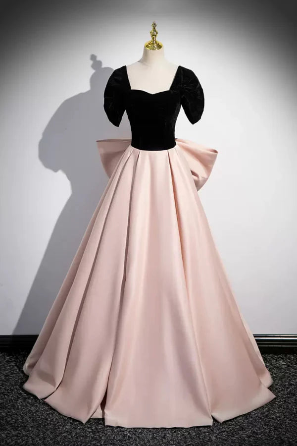 Wholesale Black Velvet and Pink Satin Long Prom Dress Beautiful A-Line Evening Party Dress with Bow